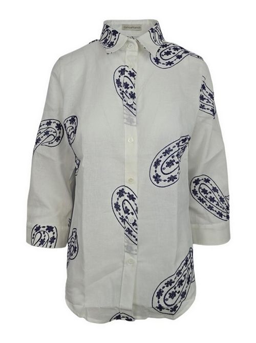 camicia donna con ricami paisley bianco e blu